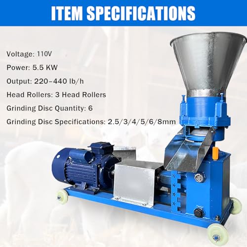 110V Feed Pellet Mill Machine 3 Head Rollers Pellet Maker Machine | for Chicken Duck Poultry Livestock Farm Animal, 200KG/H, 5.5KW, w/Air Switch, Splash Plate, 2.5/3/4/5/6/8mm Grinding Discs