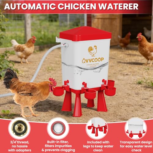 Automatic Chicken Waterer with Float Valve, Elevated Water Dispenser for Chicken, Float Controlled Poultry Watering Supplies, Standing/Hang Use, 3 Gallon, Red - color: Red