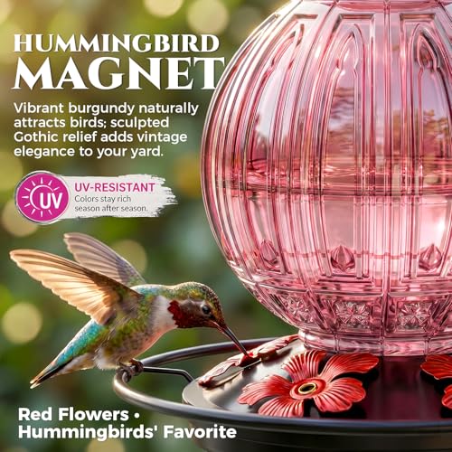 Glass Hummingbird Feeder for Outdoors Hanging, 26 fl oz Bird Nectar Feeder | 5 Metal Flower Feeding Ports, 360° Perch Ring, Easy Refill & Clean, Leakproof, Ideal for Backyard Garden Outdoor Decor, Pink - color: Pink