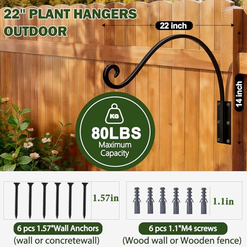 Heavy Duty 22 Inch Plant Hangers Bracket Outdoor Bird Feeder Hanger | 80LBS Capacity, Rust-Proof Metal Wall Hook, Enhanced 6-Hole Base, For Hanging Plants, Bird Feeder, Wind Chime, Flower Baskets - size: 22in-1Pack