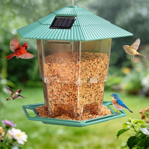 Solar Bird Feeder for Outdoors Hanging,Hanging Wild Bird Feeders with S Hook for Blue Bird, Cardinals, Finches,Wild Birds Seed Feeder, As Gift for Bird Lovers（Green） - color: Green Solar Bird Feeder