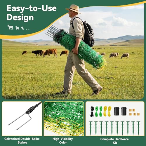 Electric Fence Netting, 49.6" H x 164' L, Portable Livestock Net Fencing with Double-Spike Posts, Movable Mesh for Goats, Sheep, Hogs, Deer & Dogs, Predator Control for Backyard, Farm & Homestead