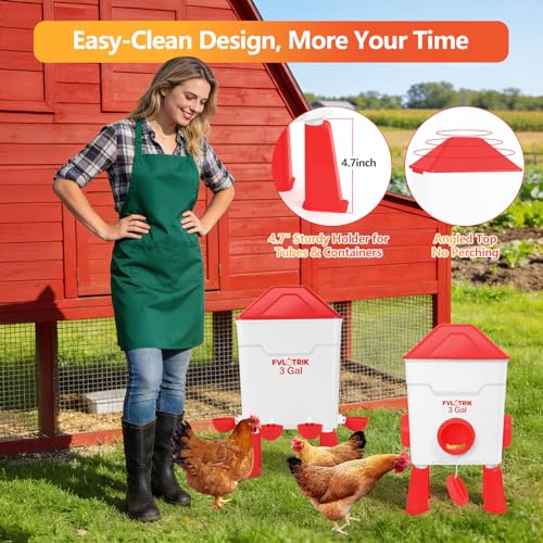 3 Gallon Chicken Waterer and Feeder Set, No Waste Poultry Feeding | 2.75' Automatic Cups & 3.5" Feed Ports for Large Beaks, Anti-Roost Cone, Standing/Hanging Use, Easy No-Tools Assembly