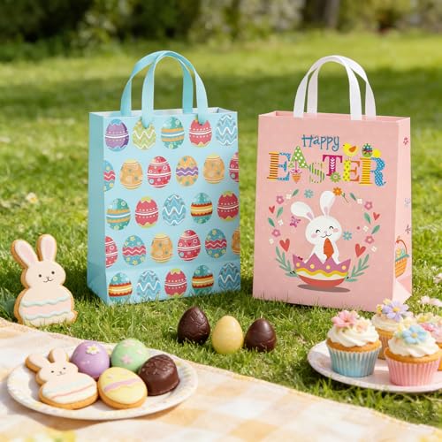 STPIYFZU 2 Pack 13" Large Easter Gift Bags with Handles, Rabbit Egg Design Reusable Paper Easter Bag for Egg Hunts Kids Party Supplies, Gift Wrapping - color: 2 PCS Easter Bags