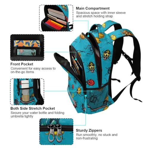 Kids Beetles Bugs Backpack for Boys Girls School Bags | Elementary Middle, Travel Daypack Lightweight Waterproof with Reflective Strip - color: Beetles Bugs