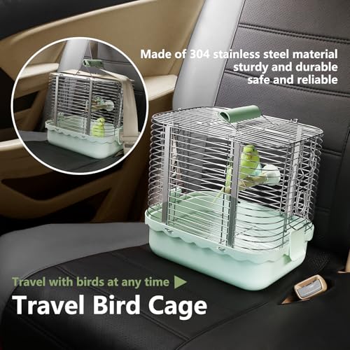 Bird Carrier Travel Cage, Durable Portable Stainless Steel Birdcage with Bird Perch & Feeding Bowl for Parrots Canaries Budgies Lovebirds Conures Cockatiels (Small Light Green) - size: Small light green