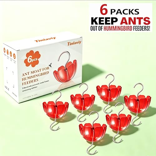 Ant Moat for Hummingbird Feeders, 6 Pack 4OZ | Heavy Duty Metal Hooks with Water Level Window, Bright Red Flower Design for Outdoor Hanging Bird Feeders - color: Red