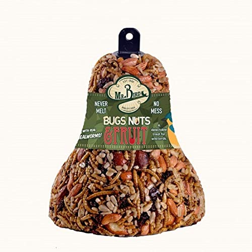 Mr. Bird Bugs, Nuts & Fruit Wild Bird Seed Bell, 4-Pack, 12.5 oz | Premium Blend of Mealworms, Sunflower Hearts & Cranberries | No Melt | Handcrafted in Texas - size: 12.5 Ounce (Pack of 4)