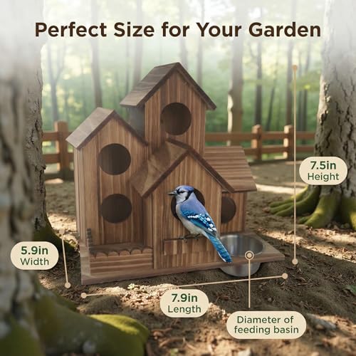 Cekobechg Outdoor 5-Hole Wooden Bird House with Feeding Basin, Bird Nest for Garden and Patio Decor, Ideal for Finches, Bluebirds, Cardinals and Small Birds, Natural Solid Wood