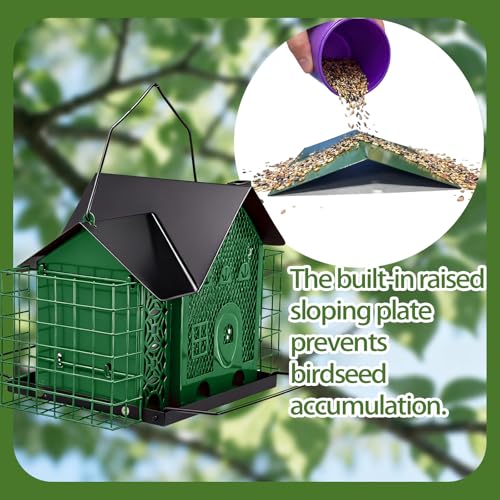 Outdoor Hanging Bird Feeder Large Capacity Durable and Sturdy Decorative Metal Bird Feeder Green and Black Two-Tone Waterproof Design with Sloped Tray Easy-Fill Wild Bird House (Green)