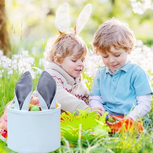 Easter Basket Seersucker Egg Hunt Bunny Baskets for Kids with Cute Rabbit Ears Stripe Storage Gifts Candies Personalized Easter Party Gifts… - color: Seersuck blue2