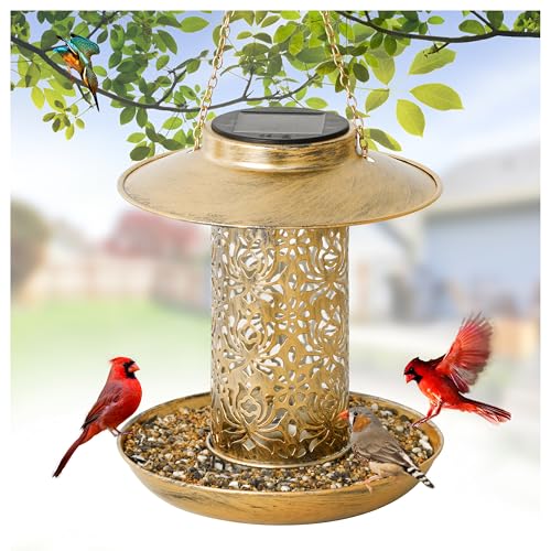Bird Feeder for Outdoors Solar Hanging Bird Feeder Bird House with Cardinal Feeder Large Capacity Metal Wild Bird Feeder for Garden Decor Unique Gifts & Patio Decor (Bronze, 8 INCH)