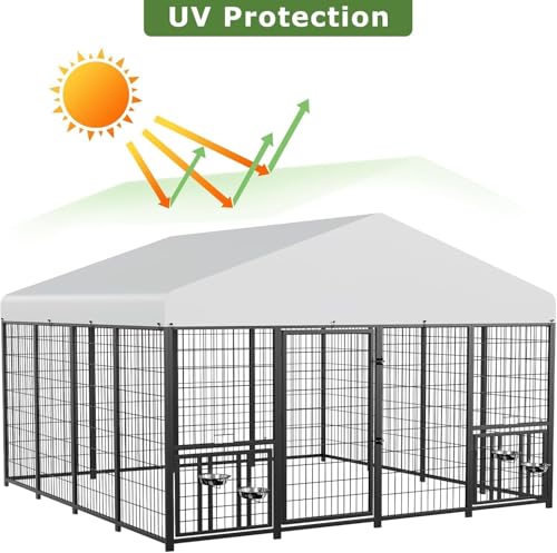 ROOMTEC Large Dog Kennel Outdoor Pet Pens Dogs Run with 4 Bowls (10' L x 10' W x 6.5'H) - size: 10’L x 10’W x 6.5’H