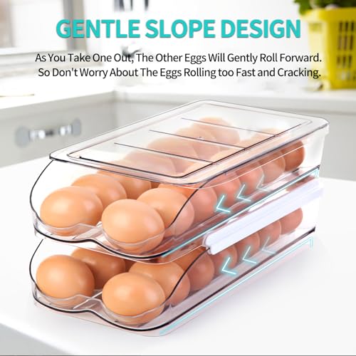RoskDeewat Egg Holder for Fridge, Automatic Rolling Egg Container -2 Tier | Stackable Fridge Organizers and Storage with Lid, Sturdy Clear Plastic Egg Dispenser & Tray for Refrigerator - size: 2 Tiers Holder 28 Eggs