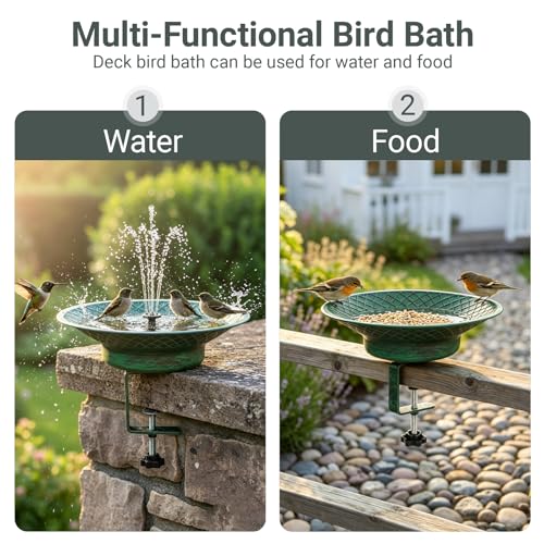 Deck Mounted Bird Bath for Outside, 12.6" Solar Bird Bath with Fountain | Metal Deck Mounted Bird Feeder with Adjustable Railing Clamp for Balcony & Patio, Outdoor Birdbath for Garden Yard Decor - color: Green