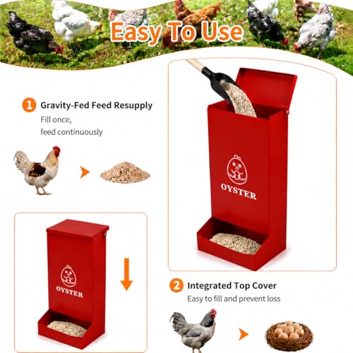 Chicken Feeder 2 Pack, Hanging Gravity Feeding Kit for Oyster Shell & Grit, Sturdy Metal Poultry Dispenser with Protective Cover, Weatherproof Food Holder for Chicken Coop, Ducks and Pigeons