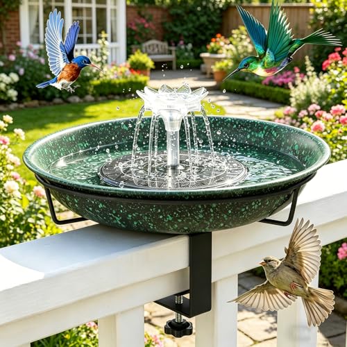 Yiabivo Deck Mounted Bird Bath with Fountain,Solar Railing Bird Bath Fountains for Hummingbirds,Adjustable Metal Durable Deck Bird Bath Holder for Outdoor Railings, Patio Deck,Garden