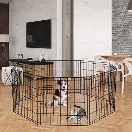 Puppy Pet Playpen 8 Panel 24 Inch Indoor Outdoor Metal Portable Folding Animal Exercise Dog Fence Ideal for Pet Animals Dog Cat Rabbit Breed Puppy (24" x 24" x 8) | Rustproof 8-panel metal playpen with door folds flat, sets up tool-free, and forms multipl
