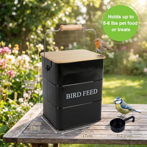 Metal Bird Seeds storage container,Outdoor Bird Container Canister, Pet Food Bin with Wooden Lid/Handle/Food scoop,hold 5-6 Lbs of Wild Bird Seed Sunflower Seed-Preventing Squirrels-Black - color: Black