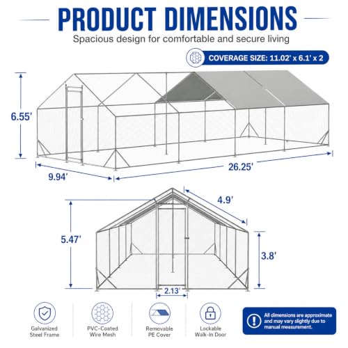 Large Metal Chicken Coop Run with Removable PE Cover, Walk-in Galvanized Steel Poultry Enclosure with PVC-Coated Wire Mesh and Lockable Door for Chickens, Ducks and Rabbits (10'Lx26' W x6.56' H) - size: 312.0"L x 120.0"W x 78.7"H