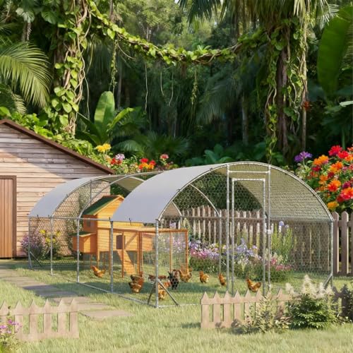 Large Metal Chicken Coop, Walk-in Chicken Run with Cover for Outdoor Yard & Farm, Poultry Cage Pen Hen House for Chickens, Ducks & Rabbits, 24.9 FT x 9.2 FT x 6.5 FT, Silver - size: 24.9 FT x 9.2 FT x 6.5 FT