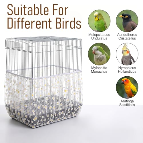 Bird Cage Seed Catcher Net Cover, Bird Cage Net, Mesh Parrot Cage Skirt Guard for Parrot Cockatiel Budgie Fits Round Square Cages(Daisy-White, 59''-87"X15.7")