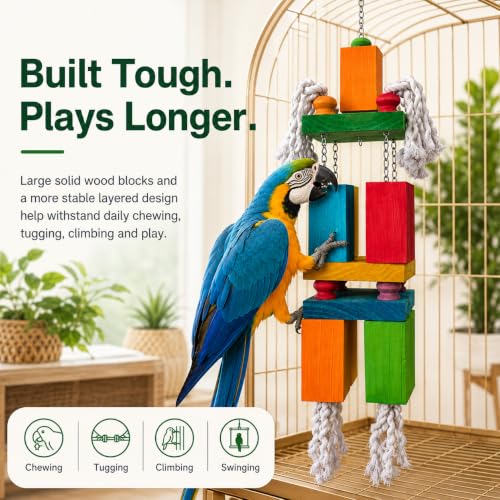 35.5" Extra Large Parrot Toys - Oversized Giant Wood Block Chew Foraging Toys for Macaws, African Grey, Amazon Parrots - Ready-to-Use Large Bird Cage Decor Gift - size: 35.5"