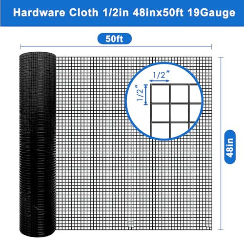 Black Hardware Cloth 1/2 in 48 x 50 ft 19 Gauge Welded Mesh | Black coated wire roll, Stronger Welds, Low Defect Rate, Garden Fence, Chicken Coop, Tree Guard - size: Black 1/2" 48" x 50' 19Ga