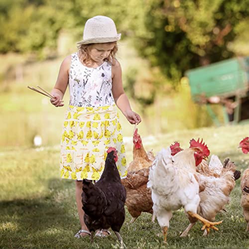 Egg Apron for Kid and Adult, Deep Pockets with Elastic Closure | Long Ties to Wrap Around and Tie In Front, Yellow Chick Printed, Egg Collect Gather Hold Apron - color: Yellow for Kid