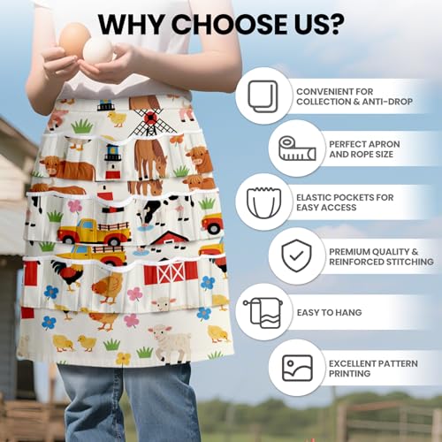 CUTHOLLOW Egg Collecting Apron for Adlut, Housewife, 18 Deep Pockets Hen Egg Gathering Holding Apron with Elastic Closures - style: Farm Animals