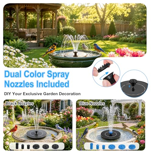 3.5W Solar Fountain Pump, Solar Bird Bath Fountain with 6 Blue & 6 Black Nozzles, Solar Water Pump for Outdoor Garden Patio Small Pond Fish Tank Landscape Decoration - color: 6 Black + 6 Blue Nozzles