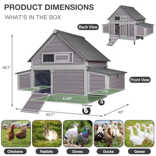 GUTINNEEN Large Chicken Coop with Wheels for 6-8 Chickens, Mobile Wooden Hen House with 2 Nesting Boxes, Removable Tray, Weatherproof Roof, Expandable Outdoor Poultry Cage - size: 67.3"L x 40"W x 49.8"H