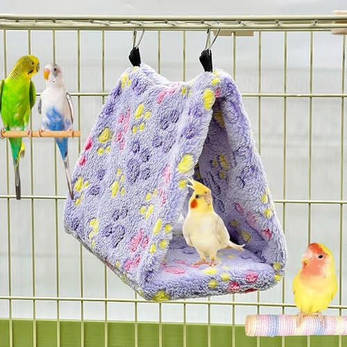 2 Pack Bird Nest Plush Snuggle Bird Hammock Hanging Bird Cave Parrot Sleeping Bed Shed Hut Hanging Tent for Budgies Finch Parakeet Cockatiel Cockatoo Lovebird-Foot Pattern (Pink&Purple) - color: Pink&Purple(Foot Print)