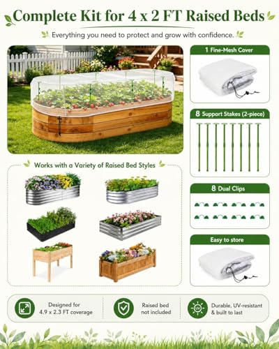 Garden Netting Kit for Raised Beds, 4.9 x 2.3 FT Fine Mesh Plant Cover with Support Stakes & 8 Clips, Wind-Resistant Insect Bird Barrier for Seedlings, Vegetables, Fruits & Patio Planters - size: 4.9×2.3 FT-Oval Shape