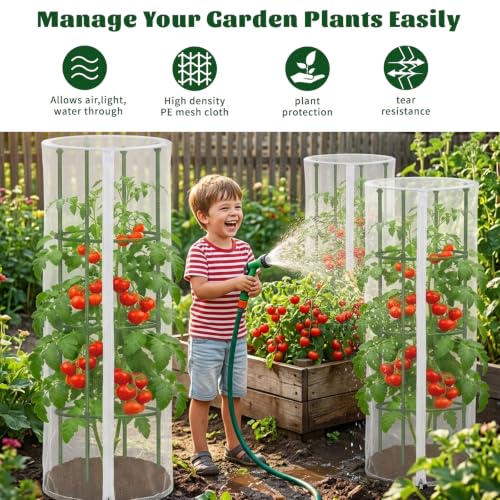 3PCS Garden Bird Netting for Tomato Cage with Zipper & Drawstring | 59"x 18" Round Tomato Trellis Garden Netting Insect Bird Barrier Protection Mesh Cage Cover for Tomato Planter Gardening Pots