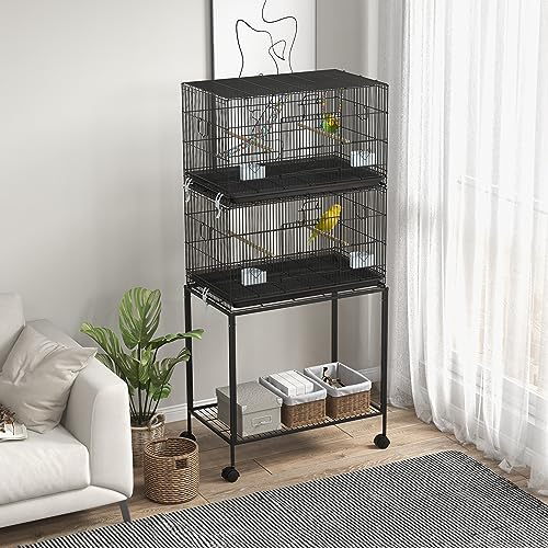 PawHut Double Stackable Bird Cage with Stand for Canaries, Lovebirds | Wooden Swing, Rope Ladder & Wheels, Budgie Cage, Storage Shelf, Removable Tray, Wooden Perches & Food Containers, Finches