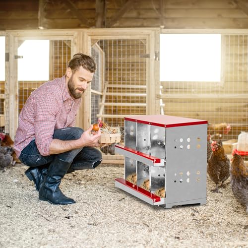 6 Compartment Roll Out Chicken Nesting Box,Metal Hens Chickens Coop Boxes,Chicken Laying Egg Nest Box,Outdoor Chickens Nesting Boxes,with Basket,for Geese Ducks Poultry Farm Yard Backyard (Red)