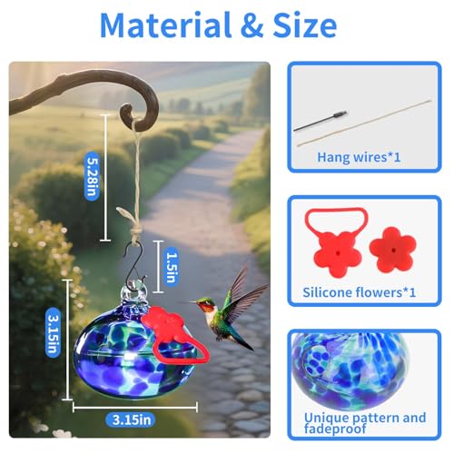 Pozfun Small Hummingbird Feeders for Outdoors Hanging,Hand-Blown Glass Hummingbird Feeder with Silicone Feeding Perch,Never Leak,Gardening Gifts for Woman Man - color: Dotted Blue