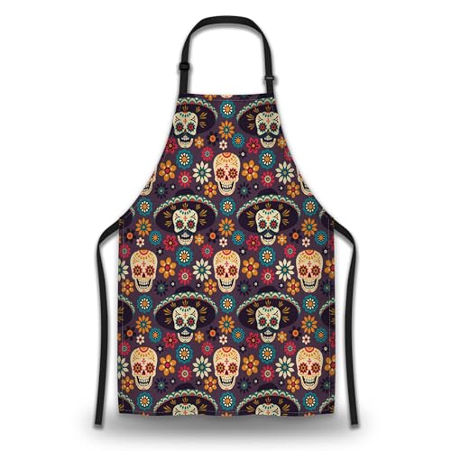 Chef Apron for Men Mexican Sugar Skulls Flowers Craft Aprons for Women for Kitchen Cooking Restaurant BBQ Painting Crafting 27” (W) x 31” (H), Waterproof Aprons - color: Mexican Sugar Skulls Flowers