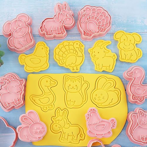 Barnyard Animal Cookie Cutters 8Pcs Rabbit Dog Cat Biscuit Molds for Baking | 3D Embossing Turkey Duck Cute Cookie Stamps for Farm Animal Themed Party Homemade Snack Making - color: Farm B