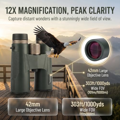 12x42 ED UHD Binoculars for Adults, High Power Binoculars with Phone Clip, BAK4 Prism FMC Coating, IP67 Waterproof Fogproof, Low Light Vision Bird Watching Hunting Sports Stargazing Cruise