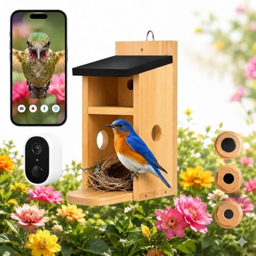 Smart Bird House with Camera, Bamboo Wooden Birdhouse for Outdoor Bird Watching, App Live View, Color Night Vision, Motion Detection, Waterproof Bird Nesting Box - color: Modern Bamboo, size: Wired Edition