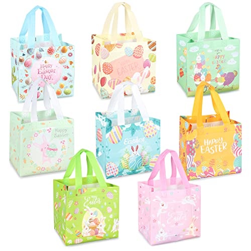 PARSUP 8PCS Happy Easter Bags Bunny Carrot Chick Egg Treat Gift Non-Woven Bags with Handles for Gifts Wrapping, Egg Hunt, Easter Party Supplies, 8.3×7.9×5.9inch - color: Green Pink Orange Blue