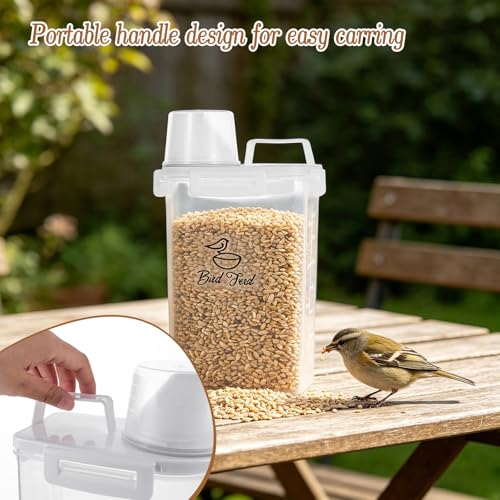 2 Pack Bird Seed Storage Container Airtight- 3 Qt/2.8L Portable Bird Seed Dispenser Pet Food Container with Measuring Cup for Birds Seeds Chicken Feed Pet Food Rice Grain Flour, BPA Free