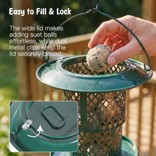KOL Metal Suet Ball Feeder for Birds – Single-Layer Expandable Design Suet Bird Feeder, Heavy-Duty Wild Bird Feeder with Secure Lid, Large Capacity for Backyard (Jasper) - color: Jasper