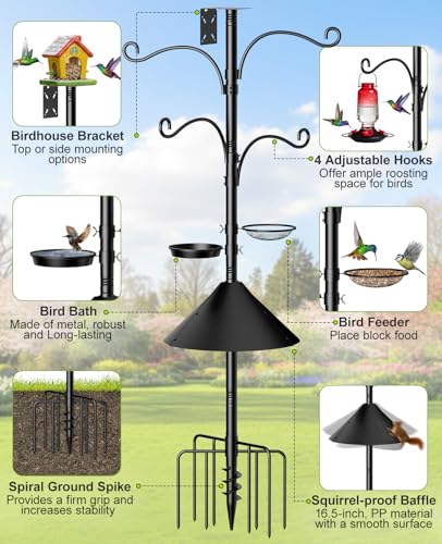 Heavy Duty Bird Feeder Pole Shepherds Hooks Squirrel Proof for Outdoor | Adjustable Heavy Duty Birdhouse Pole Smart Feeder Stand with 4 Hooks 9 Prongs Base Squirrel Baffle for Hanging Plant Garden - size: 93inch