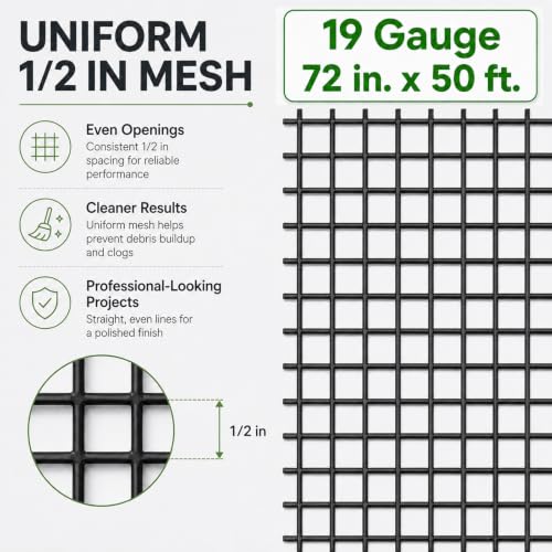GoldPeak Black Hardware Cloth 1/2 inch Chicken Wire Fencing 72x50 19 Gauge | Vinyl Coated Chicken Wire Mesh Roll Chicken Wire Fencing Garden Fence Tree Guard Rodent Mesh Rat Wire - size: 1/2 inch 72''x50'