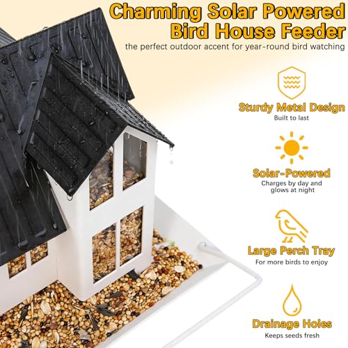 Solar Bird Feeders for Outdoors Hanging, Heavy-Duty All-Metal | House-Shaped Small Birdfeeders with Solar Lights, Charming Garden Decor, Unique Gifts for Bird Lovers, Mom and Grandma(White) - color: White
