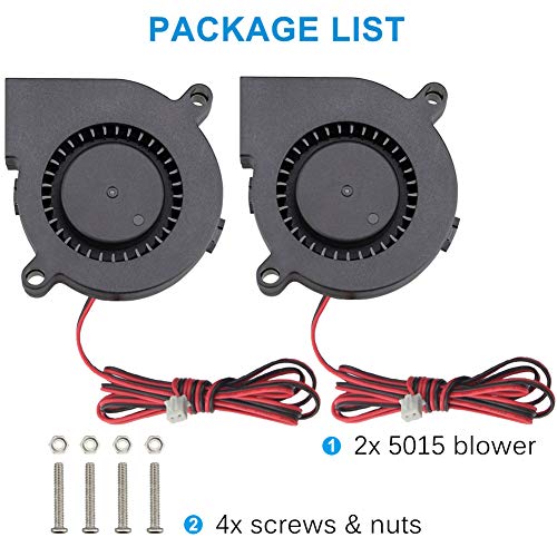 GDSTIME 5015 Blower Fan 12V 50mm x 15mm 2-Pin Dual Ball Bearing 2-Pack | Replacement for 3D Printer Part Cooling Fan, Audio Amplifier, Humidifier, 12 Volt DC Brushless, Long Wires (3.3 FT/1 m) - size: 50mm x 15mm