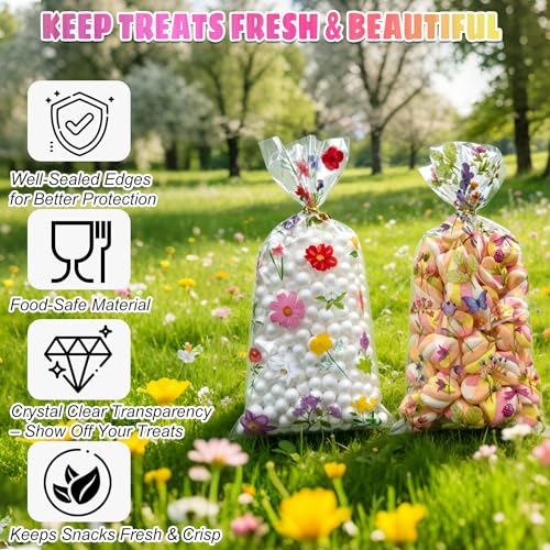 Soarvita Wildflower Cellophane Treat Bags: 100Pack Clear Plastic Floral Goodie Bags with 110 Ties for Cookies Snacks & Gift Packaging, Spring Candy Bag for Baby Bridal Shower Wedding Party Favors - color: Floral-100pcs